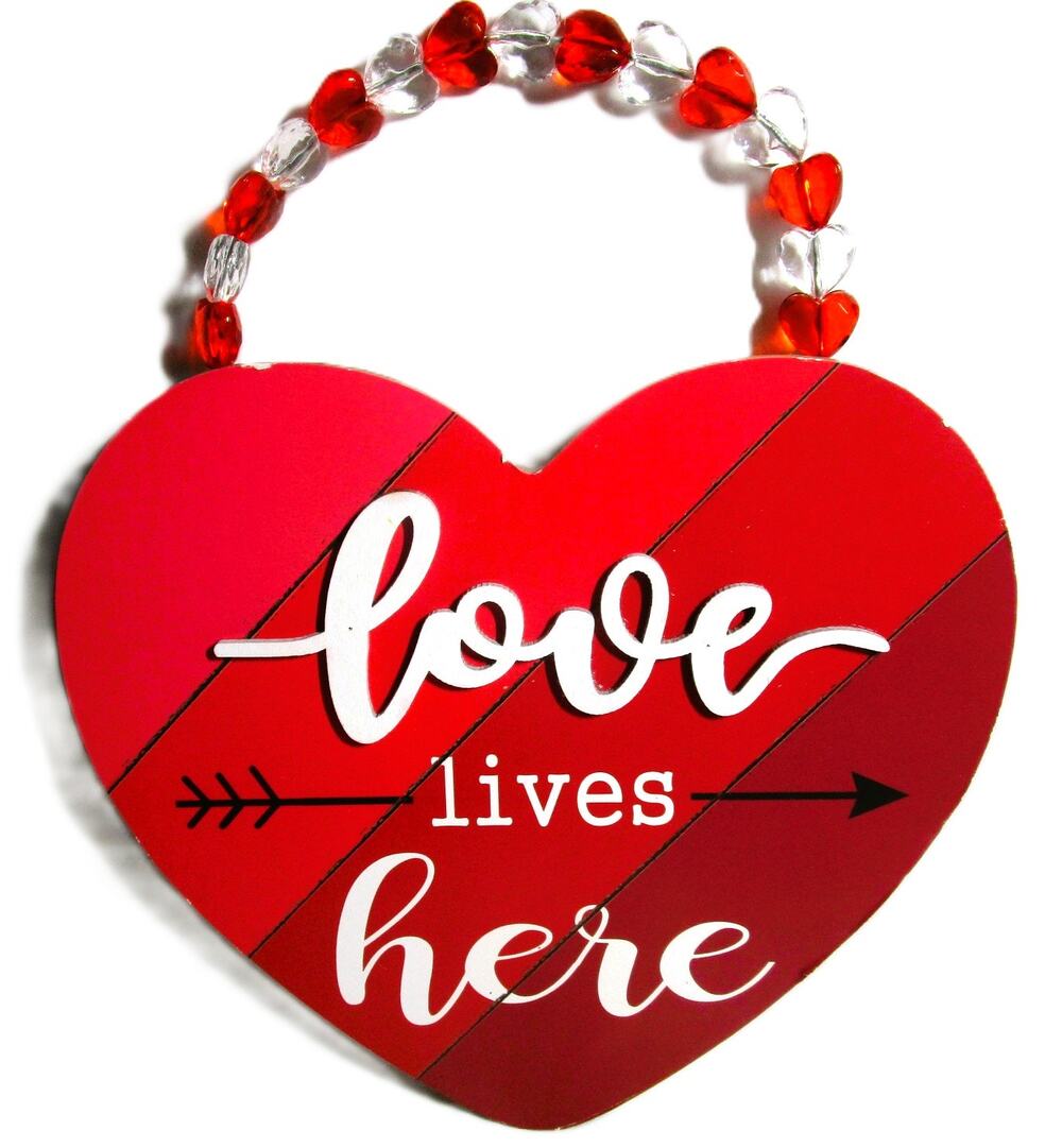 Heart Shaped Wood Sign Love Lives Here with Red Clear Acrylic Beads 8x9 inches